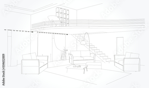 Linear sketch of an interior. Living room plan. Sketch Line sofa set. Vector illustration.outline sketch drawing perspective of a interior space.