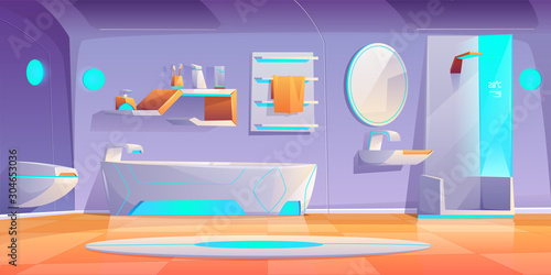 Futuristic bathroom interior with furniture and stuff, neon glowing bath tub, shower cabin, washbasin, towel hanger, toilet bowl, mirror, toothbrushes on shelf, modern home Cartoon vector illustration