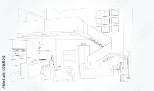 Linear sketch of an interior. Living room plan. Sketch Line sofa set. Vector illustration.outline sketch drawing perspective of a interior space.