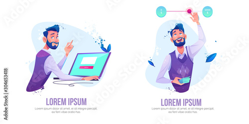 Man sitting at laptop with web page on screen making online order, businessman moving slider switch button for adjustable price or budget money limits settings managing. Cartoon vector illustration
