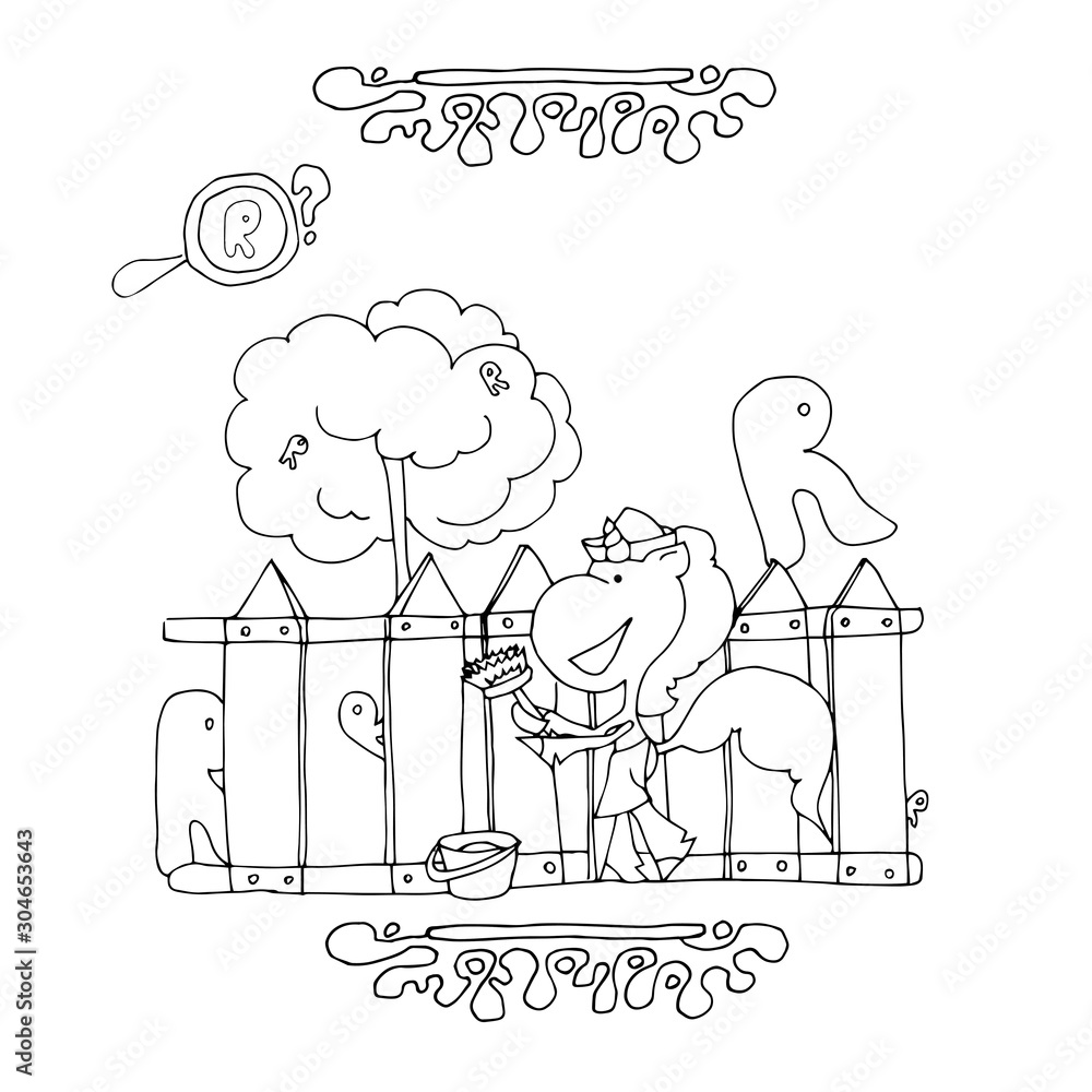 Find Letter R. Funny cartoon unicorn. Animals alphabet a Coloring page. Printable worksheet. Unicorns in an apron paints a fence.
