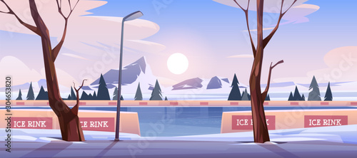 Empty outdoor ice rink for skating, skiing and fun winter activities. Vector cartoon illustration of frozen landscape with mountains, trees and snow on evening or morning scene.