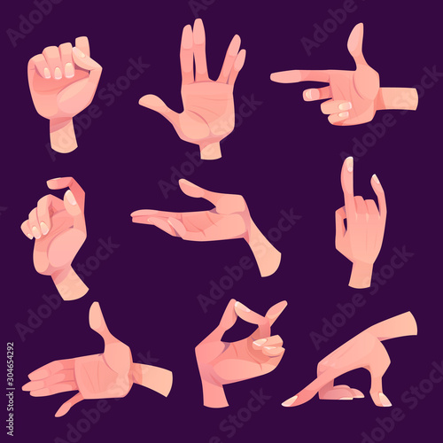 Hand gestures in different positions set isolated on purple background. Human palm gesturing, show direction, pointing, and represent emotions with fingers and thumb. Cartoon vector illustration.