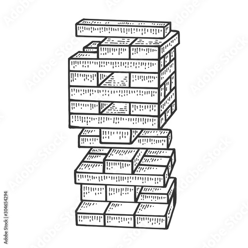 Wooden block tower game sketch engraving vector illustration. T-shirt apparel print design. Scratch board style imitation. Black and white hand drawn image.