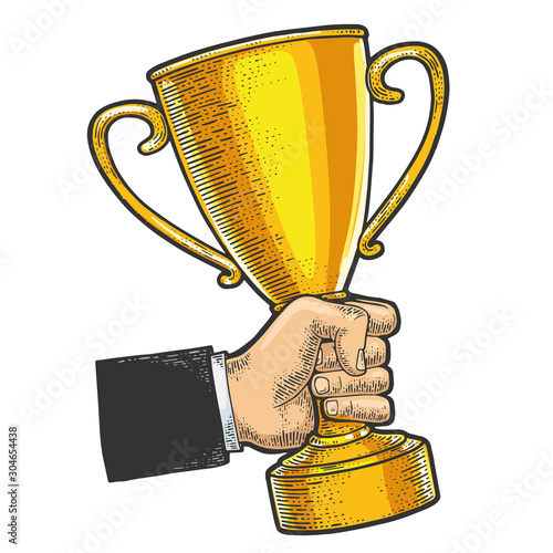 Trophy cup prize in hand sketch engraving vector illustration. T-shirt apparel print design. Scratch board style imitation. Black and white hand drawn image.