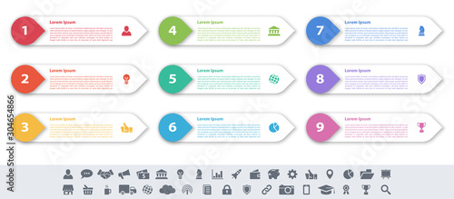 Infographic design business concept vector illustration with 9 steps or options or processes represent work flow or diagram or web button banner