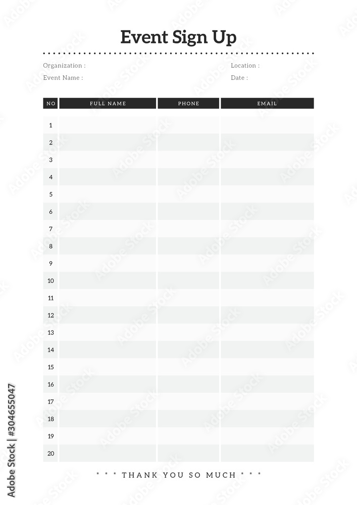 Event Sign Up Template, SignUp Sheet Layout, Printable Sign Up Event