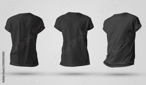 Set of black men's t-shirts with shadows, front and back view templates.