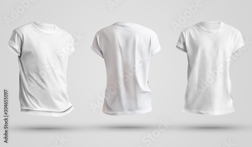 Photo Set of blank men's t-shirts with shadows, front and back view