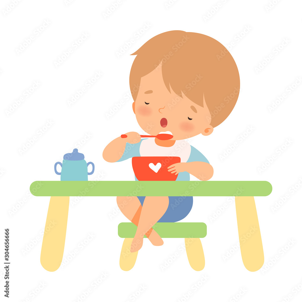 Little Boy Eating On His Own Vector Illustration Little Boy Eating On His Own Vector Illustration