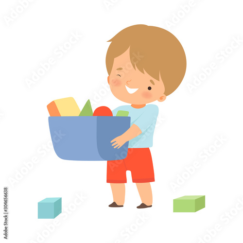 Little Boy Gathering His Toys and Tidy Up His Room Vector Illustration
