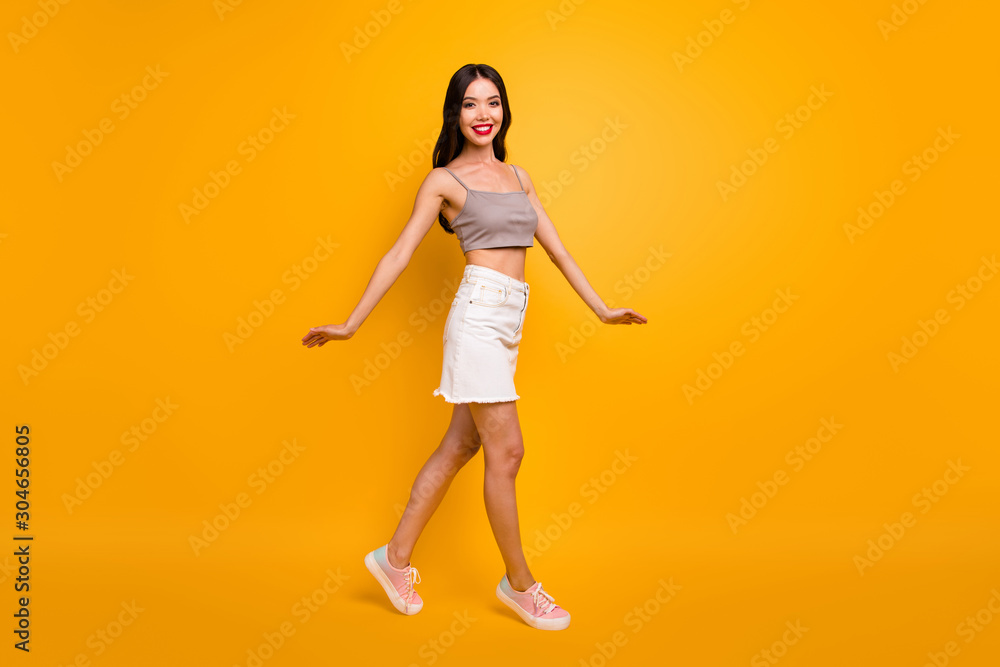 Profile side full length body size photo of graceful charming fascinating  cute youngster dancing like ballerina in footwear smiling toothily isolated  vivid color background Stock Photo | Adobe Stock