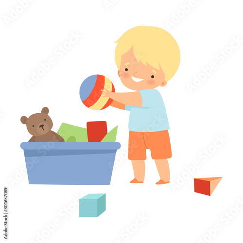Little Boy Gathering His Toys and Tidy Up His Room Vector Illustration