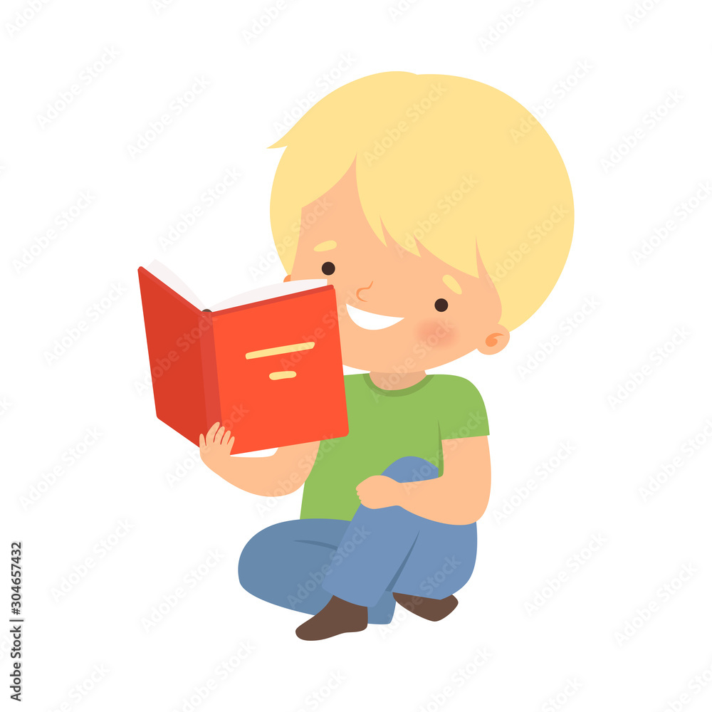 Boy Character Sitting on Floor and Learning How to Read Boy Character Sitting on Floor and Learning How to Read
