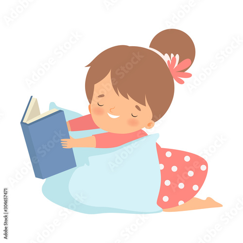 Girl Character Lying on Pillow and Learning How to Read