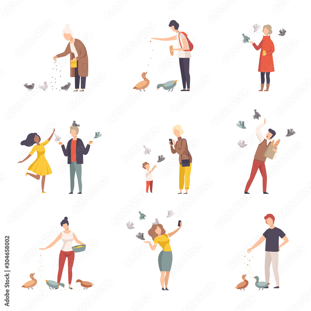 People Characters Walking and Feeding Pigeons on Town Squares Vector Illustrations Set People Characters Walking and Feeding Pigeons on Town Squares Vector Illustrations Set