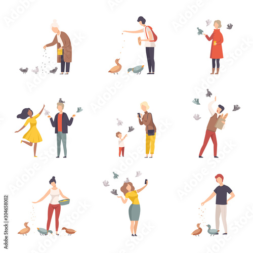 People Characters Walking and Feeding Pigeons on Town Squares Vector Illustrations Set