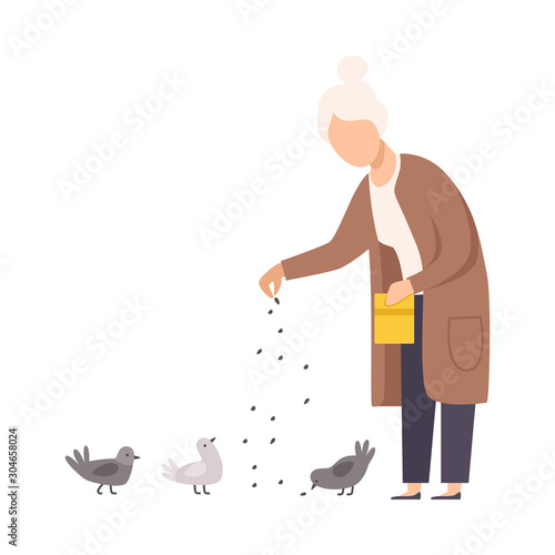 Senior Woman Standing and Feeding Pigeons Vector Illustration