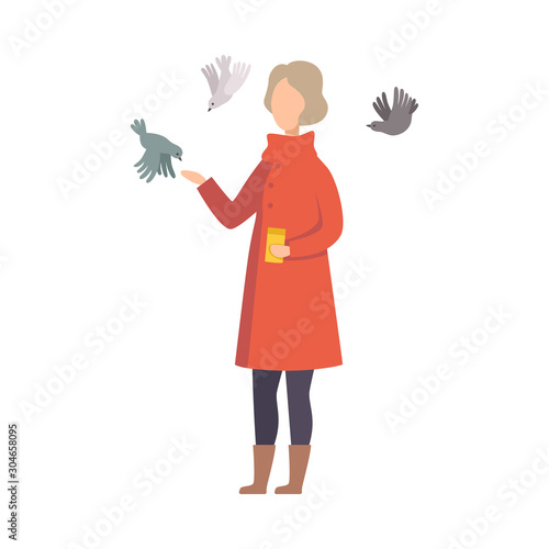 Young Woman Wearing Coat Feeding Pigeons From Her Hand Vector Illustration