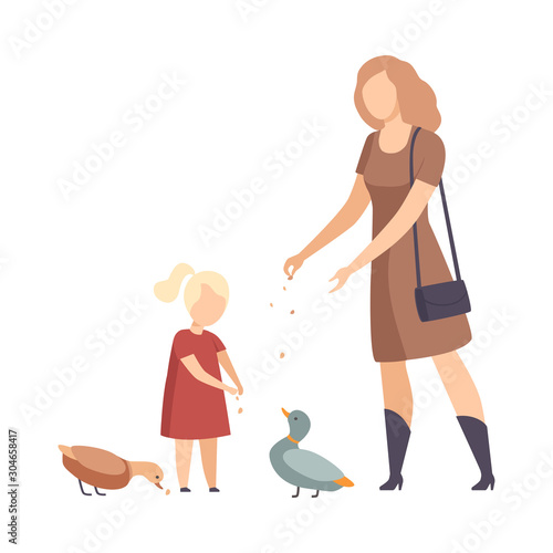 Woman Walking with Her Daughter in the Park and Feeding Ducks Vector Illustration