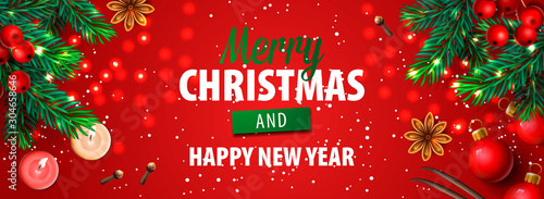 Merry Christmas and Happy New Year. Christmas horizontal poster, greeting card, header, website, vector illustration.
