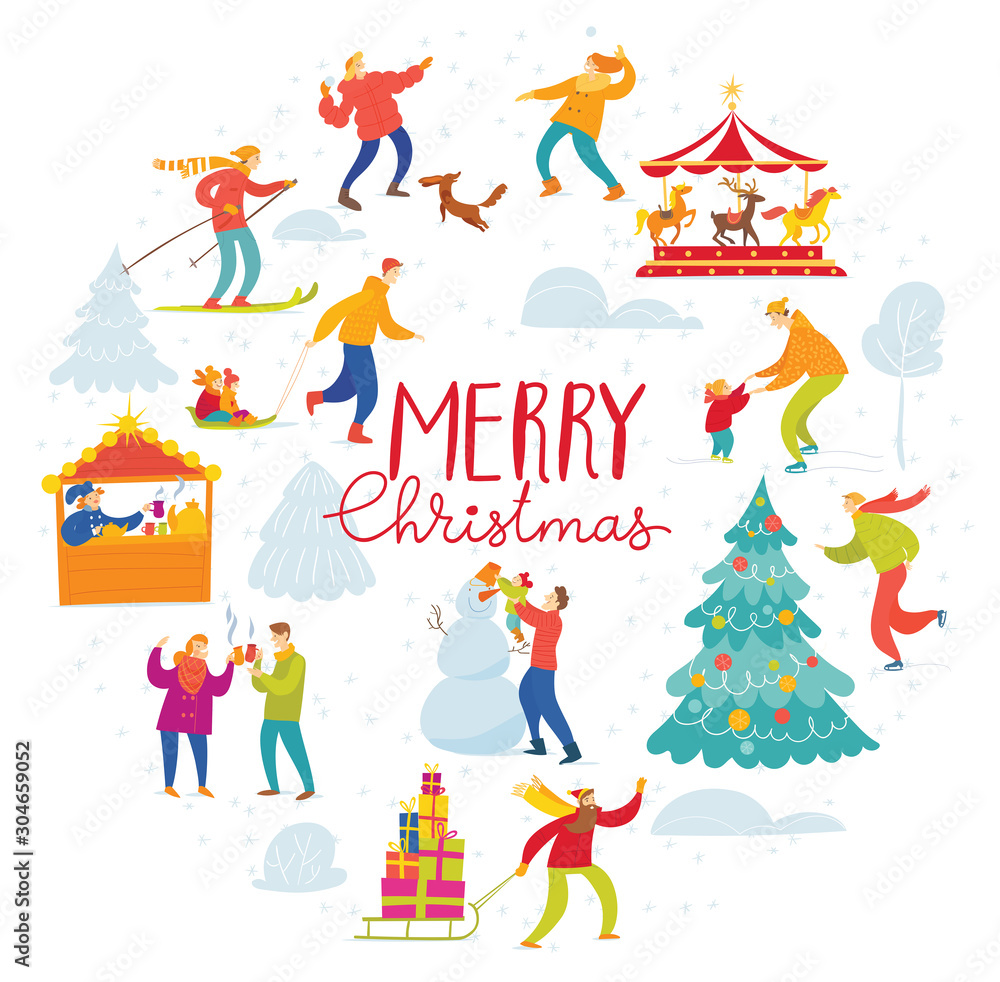 Vector Christmas winter holiday card for with people doing winter activities.