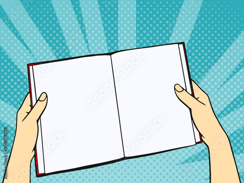 Hands with book. Reading concept. Pop Art vintage vector illustration