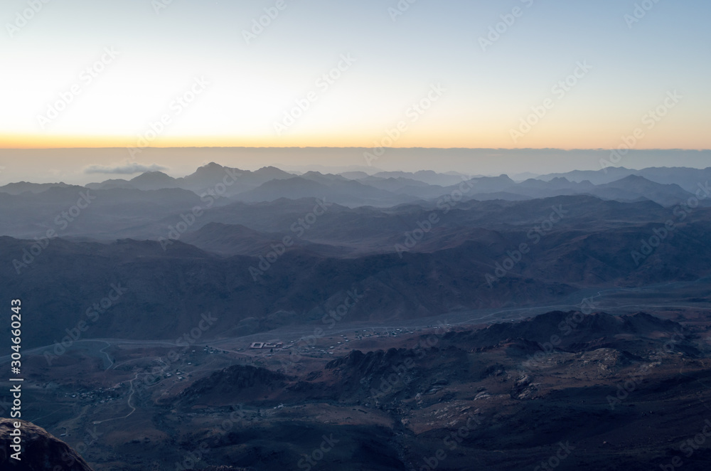 View from the mountain of Moses, a beautiful sunrise in the mountains of Egypt
