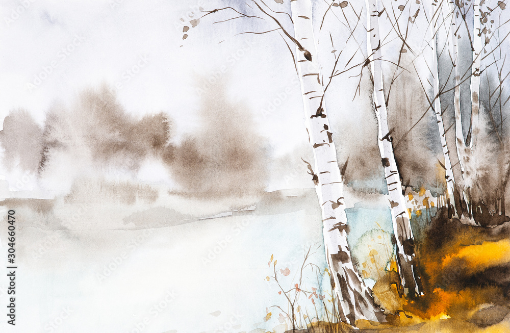 Ταπετσαρία Watercolor illustration of a beautiful autumn forest landscape by the lake