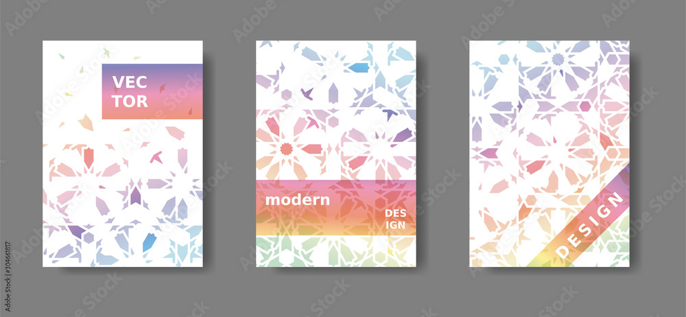 Annual report a4 vector set. Rainbow cover design with arabic mosaic. Disintegration geometric poster ,catalog,magazine, report modern set. 