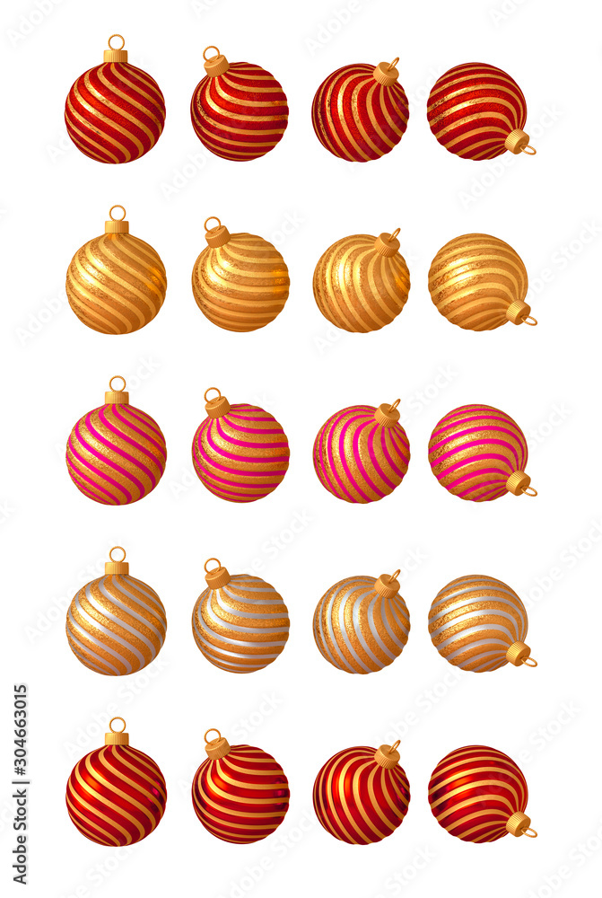 Set. Christmas decoration round shiny balls, bright red, yellow, orange, gold, isolated on a white background, 3D rendering. Set. Christmas decoration round shiny balls, bright red, yellow, orange, gold, isolated on a white background, 3D rendering.