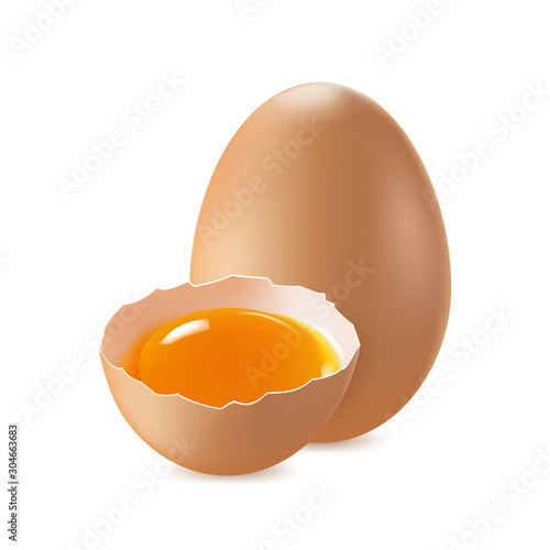 Brown, whole and broken egg on a white background, protein product, chicken egg.