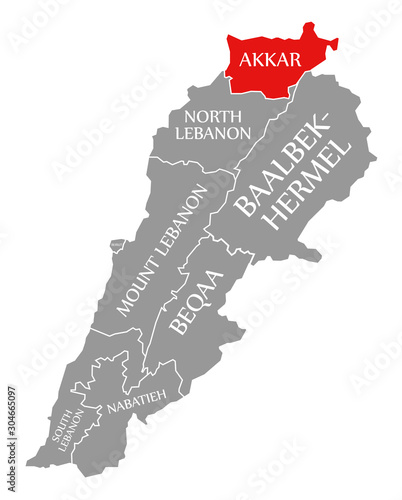 Akkar red highlighted in map of Lebanon