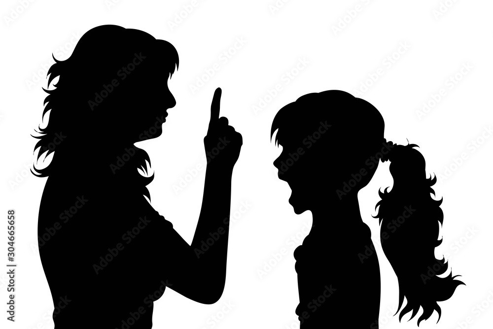 Vector silhouette of mother with her daughter on white background. A girl screaming on her mother. Symbol of family, maternity, child, childhood, anger, cry, brat.