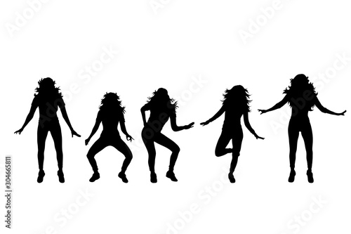 Vector silhouette of collection of women in different pose on white background. Symbol of girl, people, healthy, dance, body.