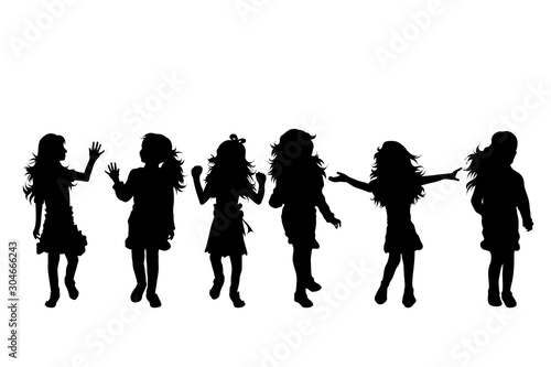 Vector silhouette of collection of girls in different pose on white background. Symbol of child, children, friends, school, student, nursery, chidlhood, people, healthy, dance, body.