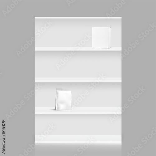 Store shelf for presentations on a grey background. Vector illustration. Can be use for template your design, promotion, advertising. EPS10. 