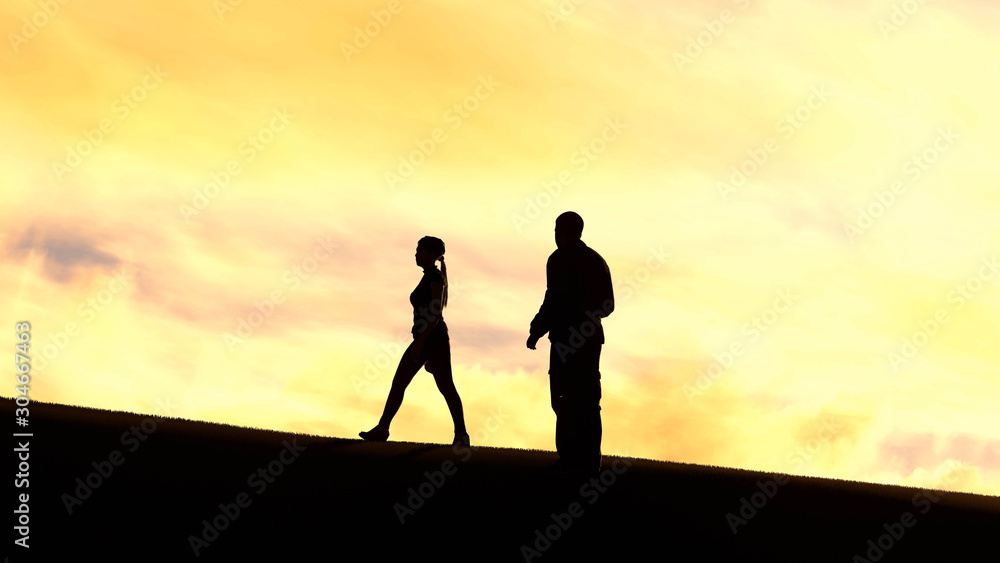 falling in love silhouette at sunset 3D Rendering