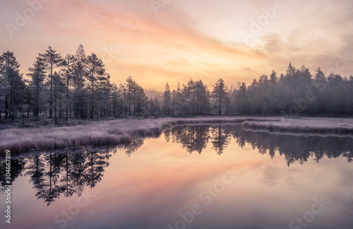 Calmness and cold autumn morning landscape with sunrise, beautiful reflections and peaceful lake in Finland