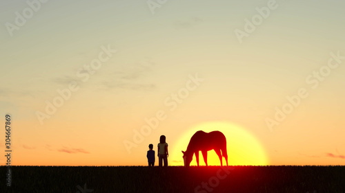 Fototapeta Naklejka Na Ścianę i Meble -  Man With Horse at sunset 3D Rendering