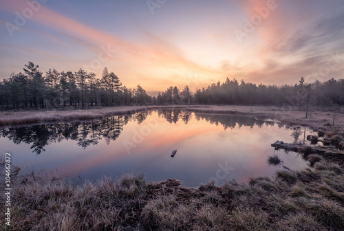 Fototapeta Naklejka Na Ścianę i Meble -  Calmness and cold autumn morning landscape with sunrise, beautiful reflections and peaceful lake in Finland