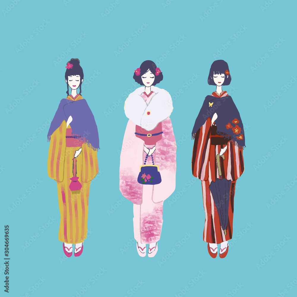 レトロモダン秋冬着物の女の子二人組の水彩タッチ手描き風イラスト。