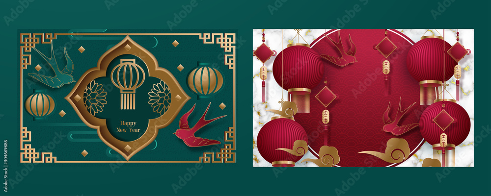 Happy chinese new year. Set of cards. template banner, poster in oriental style. Japanese, chinese elements. Translation : Happy New Year. Vector illustration - obrazy, fototapety, plakaty 