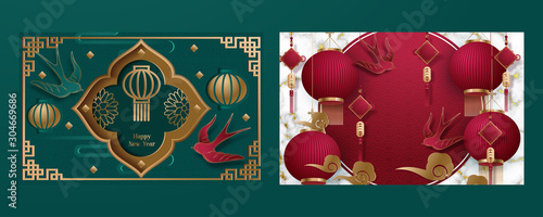 Happy chinese new year. Set of cards. template banner, poster in oriental style. Japanese, chinese elements. Translation : Happy New Year. Vector illustration