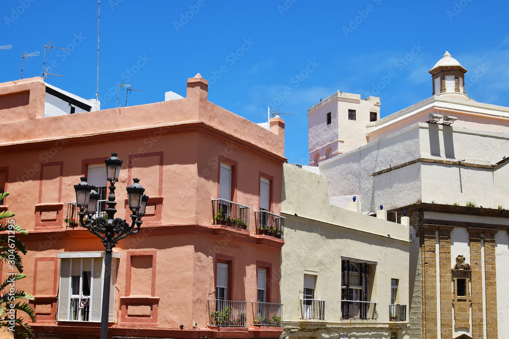 View of picturesque architecture of Cadiz, Andalusia, Spain. Ancient Cadiz city in southern Spain. Charming architecture of Cadiz.  