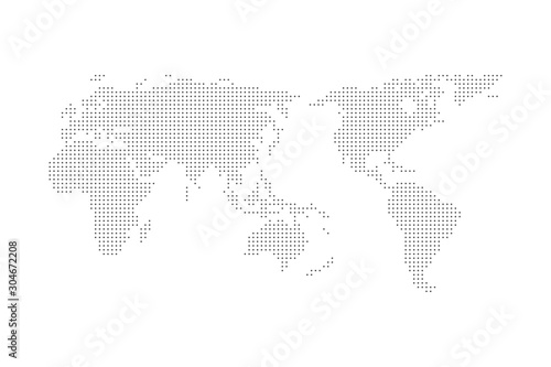 Grey halftone dotted world map vector illustration flat design asia in center.