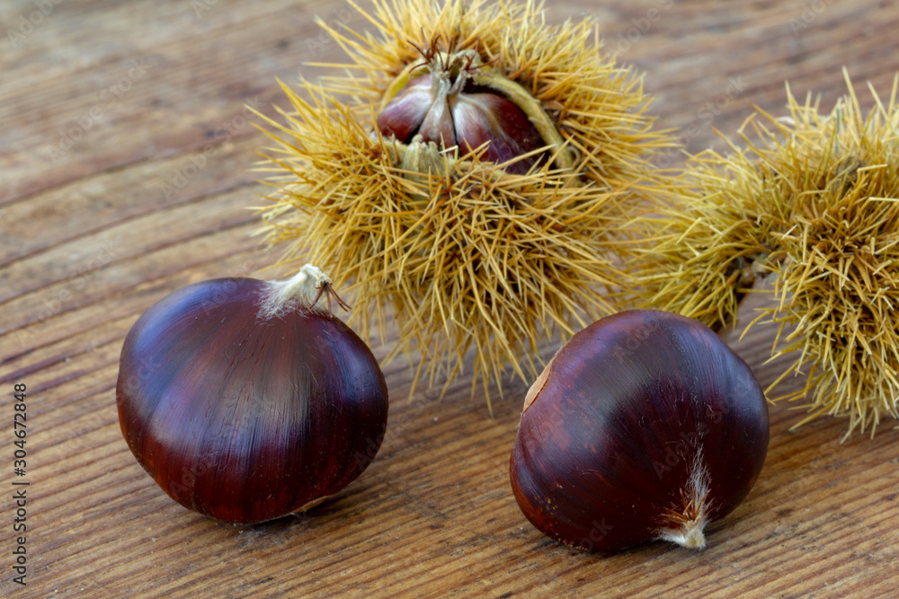 sweet chestnut fruits on a wooden cutting board sweet chestnut fruits on a wooden cutting board