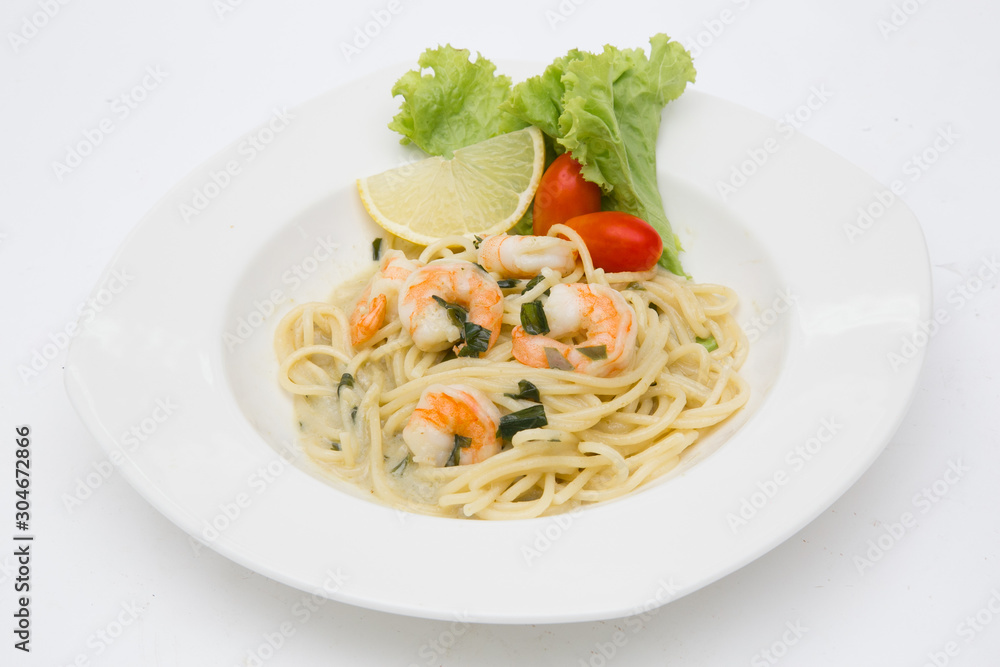spaghetti cream cheese white sauce with shrimp  Italian food style