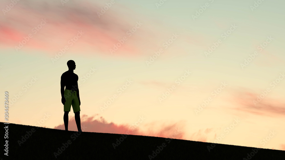 Man Alone Walking at sky background 3D Rendering