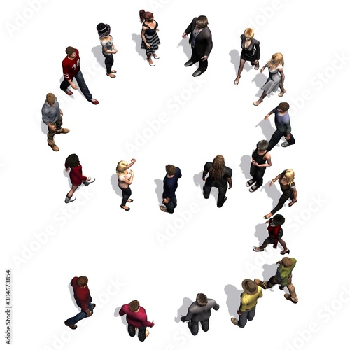 people - arranged in number 9 - with shadow - isolated on white background